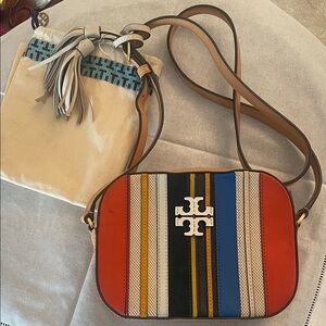 Tory Burch Striped Orange and Blue Crossbody Bag with Tassels